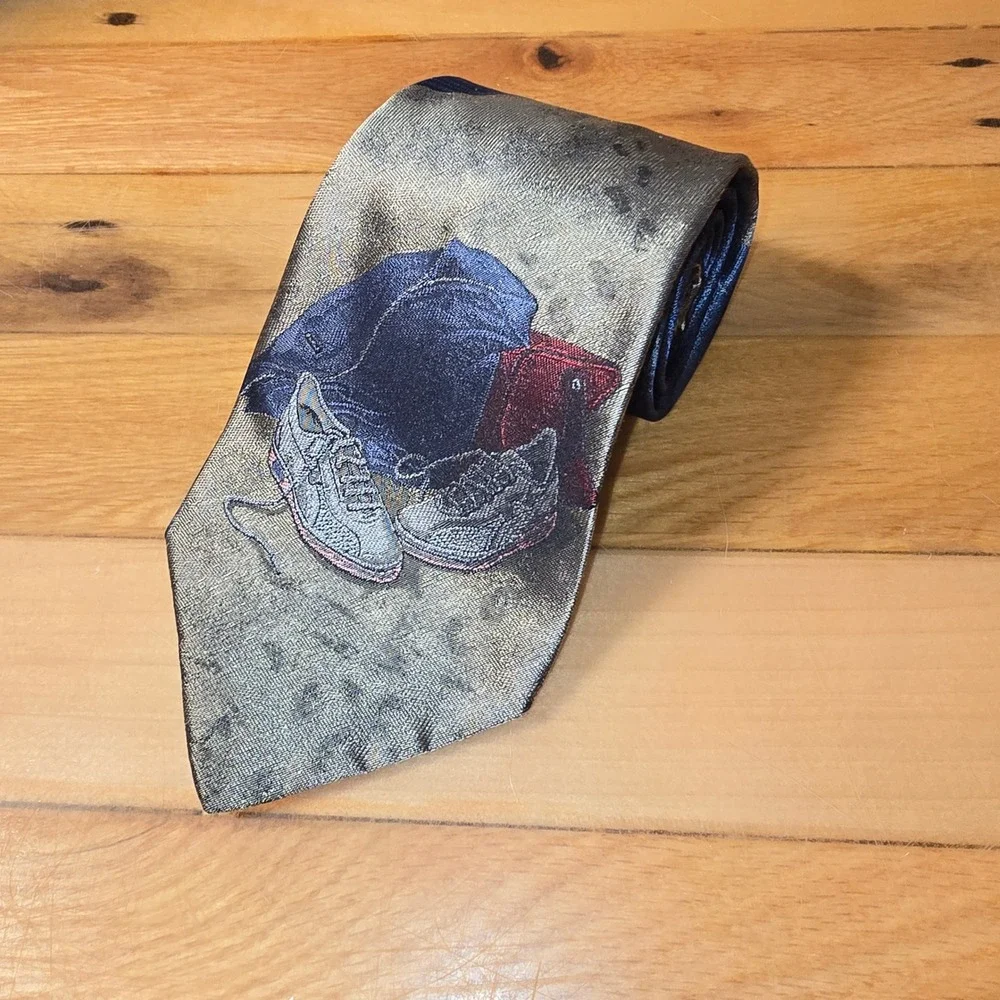 xAndrini Mens Silk Tie Sneakers Jeans Moon Graphic Print Blue Gold Handmade USA